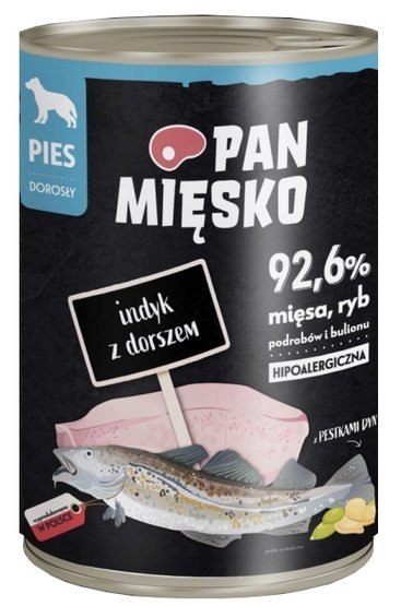 Pan Mięsko Pan Mięsko Karma mokra dla psa Indyk z dorszem puszka 400g Pan Mięsko Pan Mięsko Karma mokra dla psa Indyk z dorszem puszka 400g