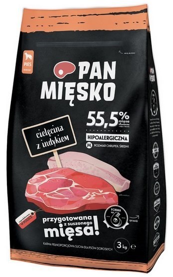 Pan Mięsko Pan Mięsko Karma sucha dla psa - cielęcina i indyk chrupki M 3kg