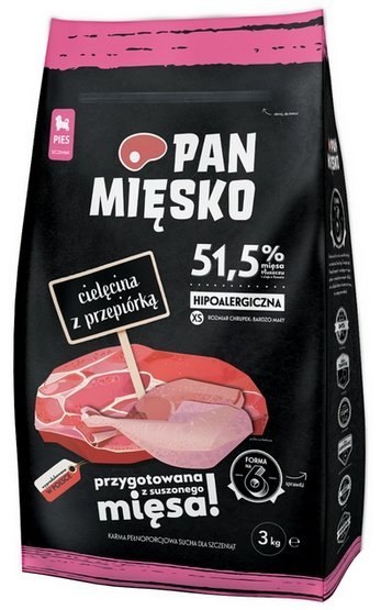 Pan Mięsko Pan Mięsko Karma sucha dla szczeniąt - cielęcina i przepiórka chrupki XS 3kg